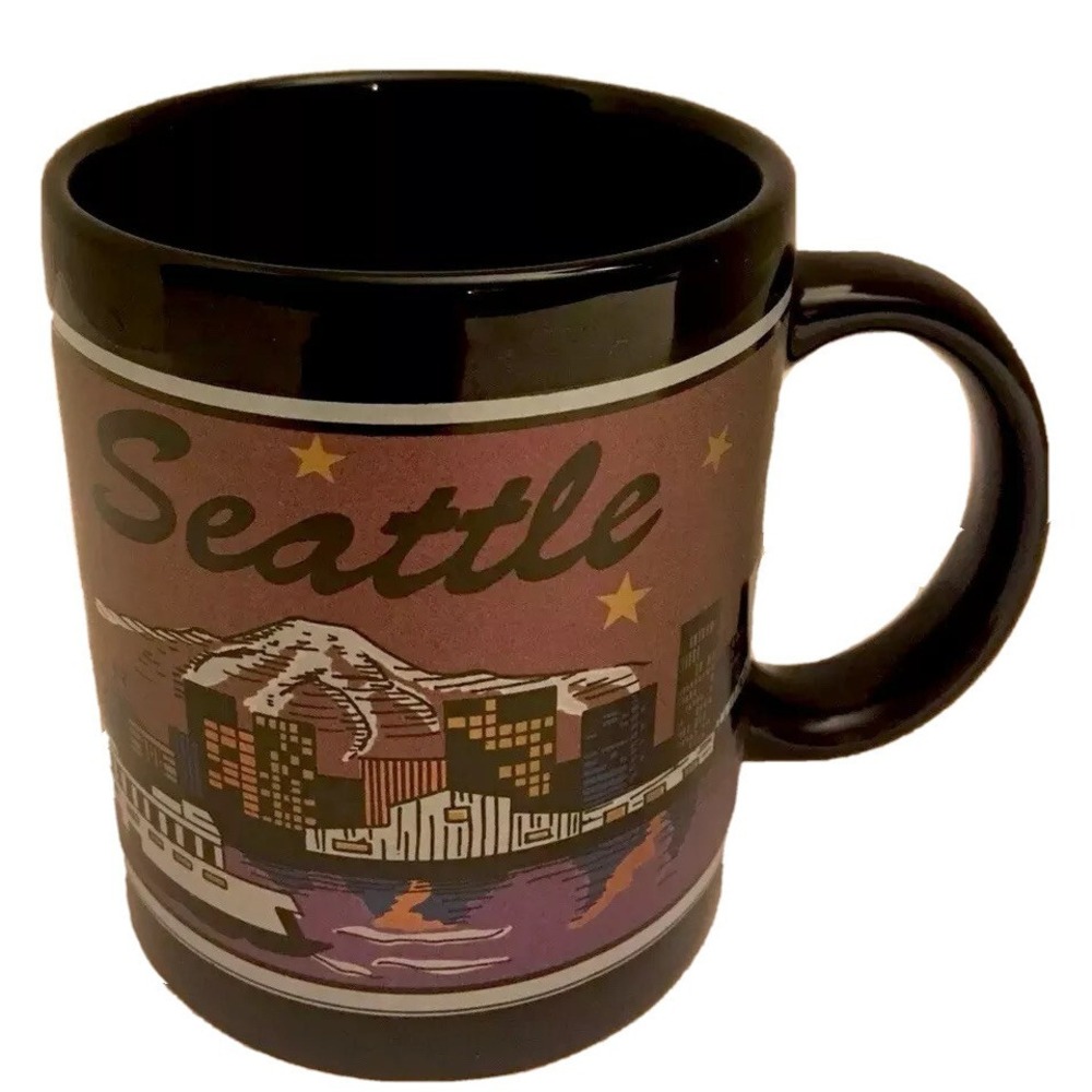 Seattle City Scape Coffee Mug Cup 12 oz Ceramic Black Purple